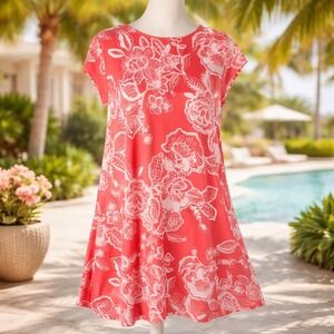 Ruby Rd Coral Floral Swing Dress Resort Preppy Vacation Beachy Lilly Style Med P